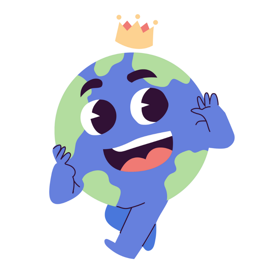 An image of Globie, our mascot. He's a globe-shaped, with a big smiley mouth, and in this image has a crown on.