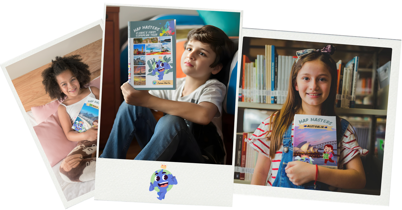 A collage of Polaroid-style photos of children enjoying Map Masters Brazil, Map Masters Globie's First European Tour and Map Masters Australia.