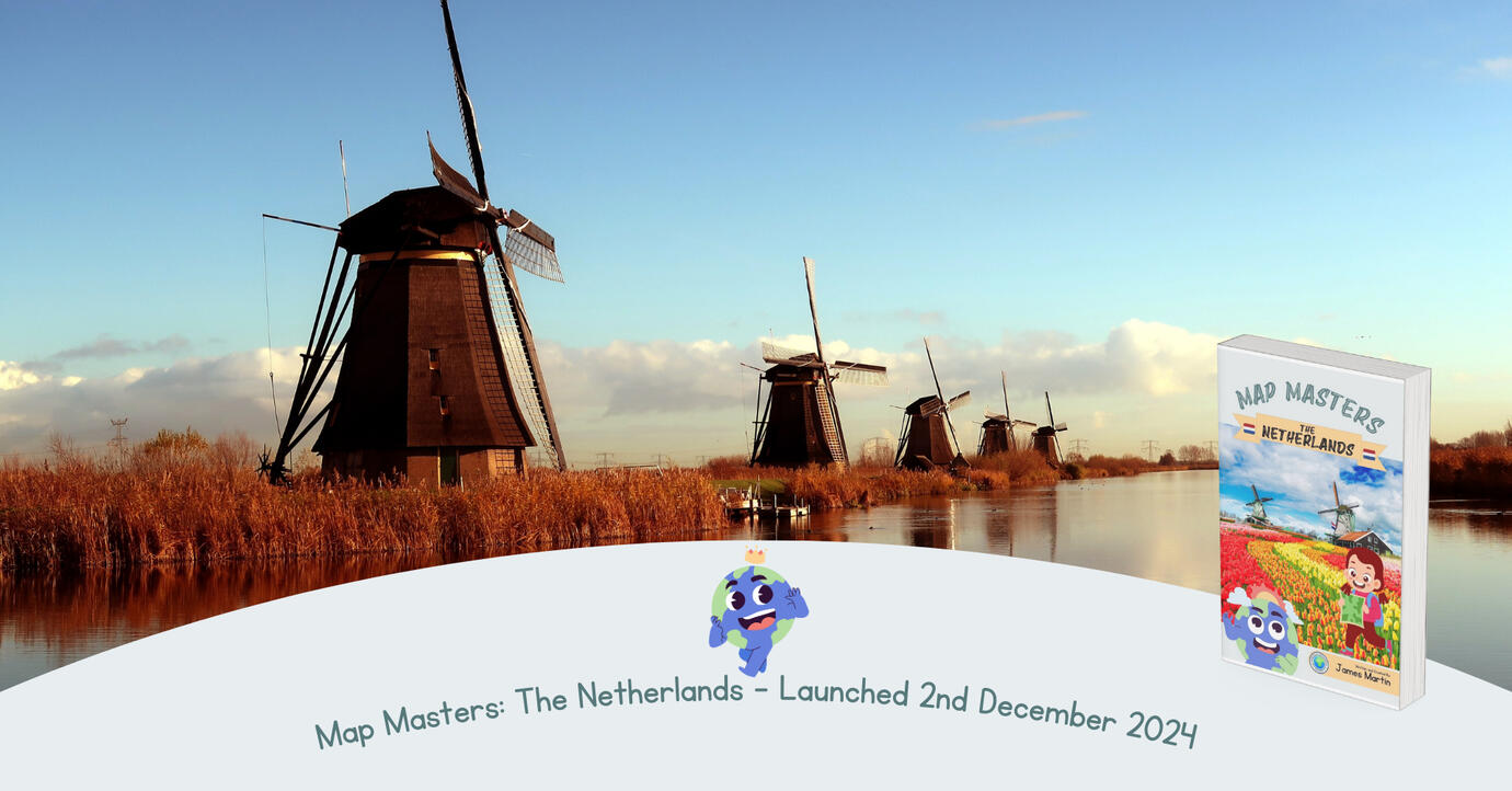 An image of the windmills at Kinderdijk, with the cover of Map Masters: The Netherlands, which launched 2nd December 2024.