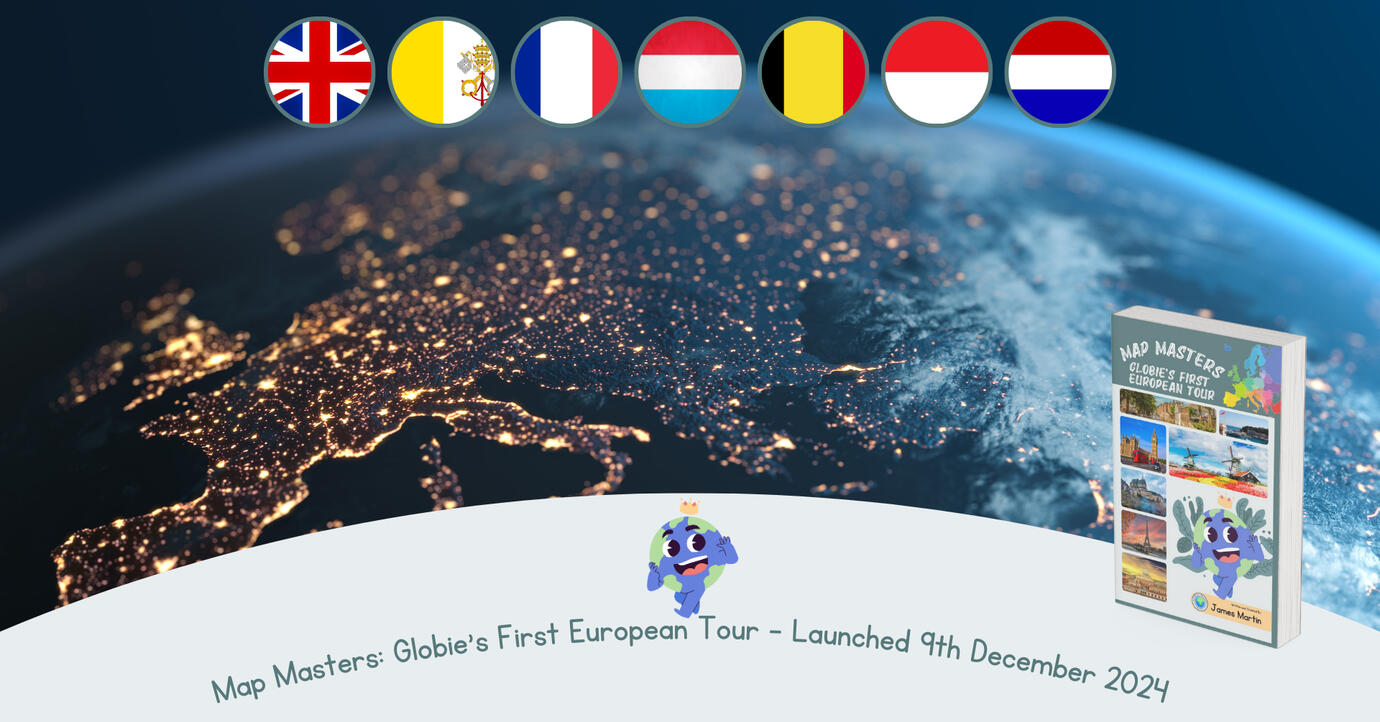 An image of Europe at night as seen from space, with the flags of the UK, Vatican City, France, Luxembourg, Belgium, Monaco and the Netherlands. The cover of Map Masters: Globie's First European Tour, which launched 9th December 2024, is in the corner.