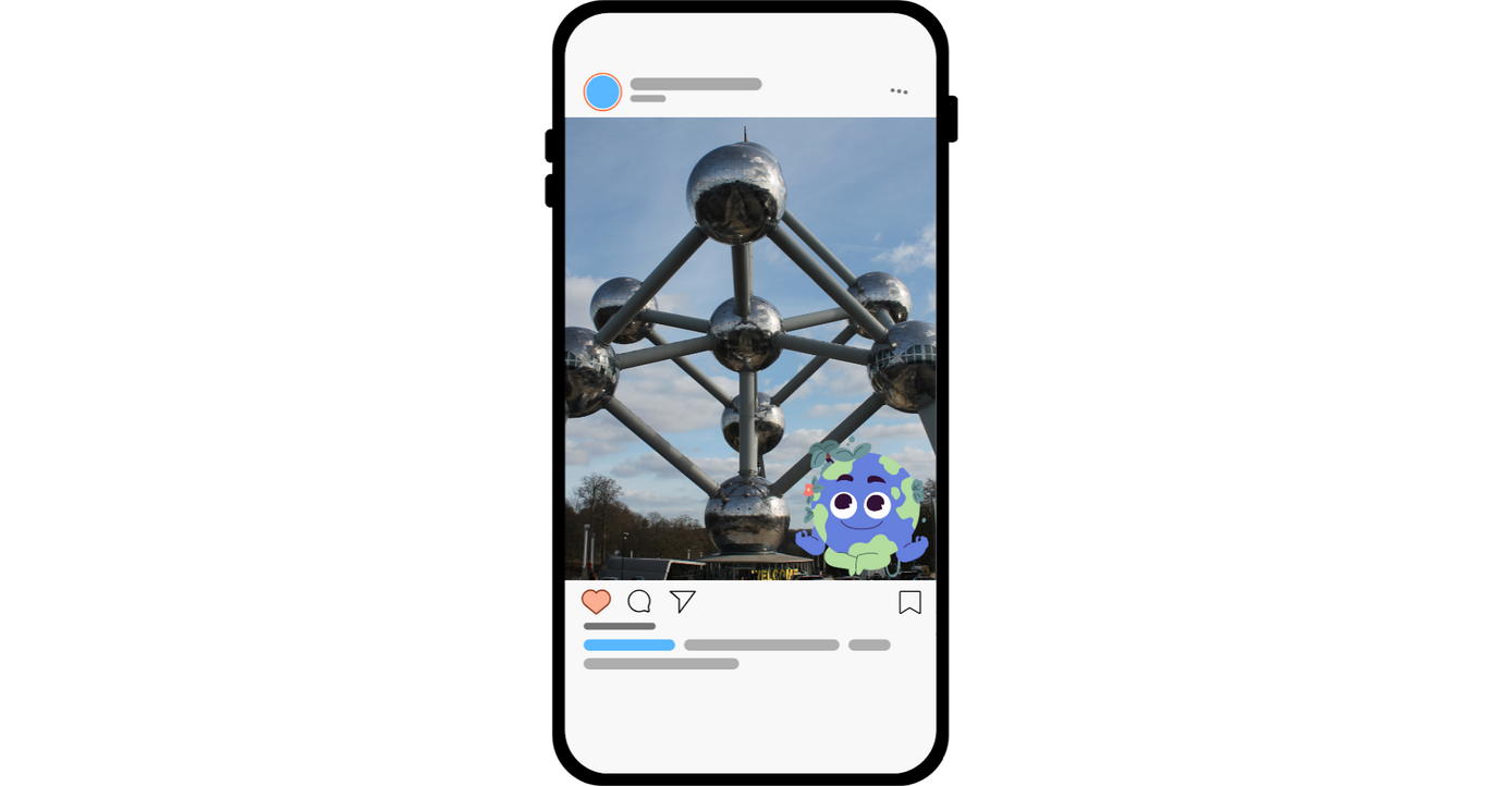 A screenshot of an Instagram-style page, showing a photo of the Atomium structure in Brussels, Belgium, with Globie in the corner.