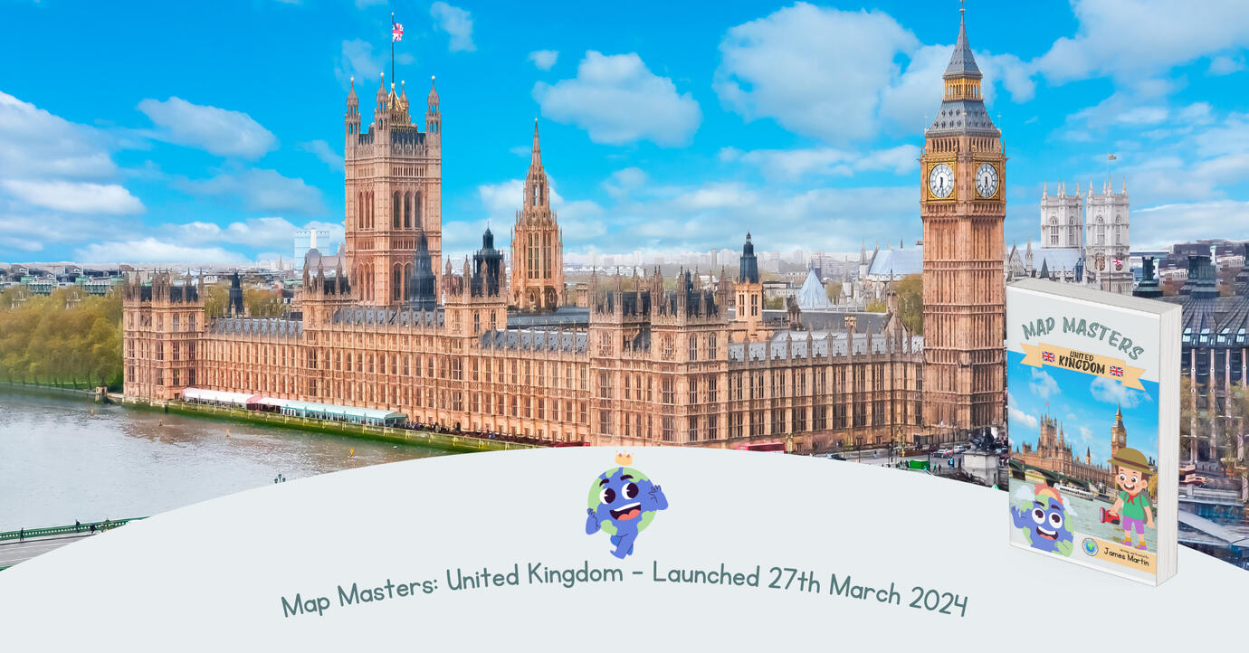 An image of the Houses of Parliament, with the cover of Map Masters: United Kingdom, which launched 27th March 2024.