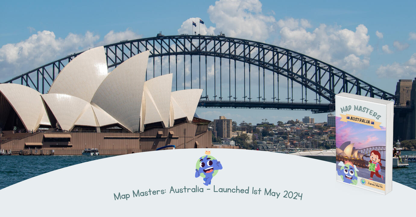 An image of the Sydney Opera House and Harbour Bridge with the cover of Map Masters: Australia, which launched 1st May 2024.