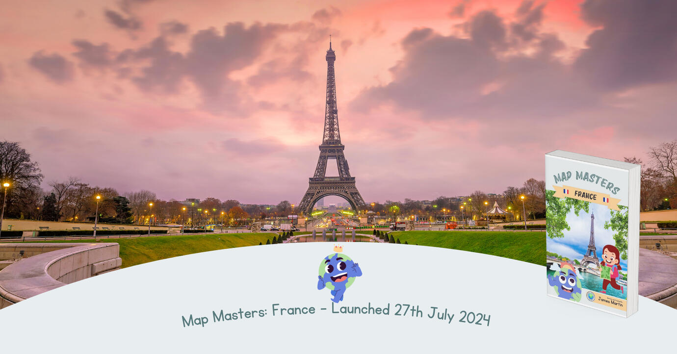 An image of the Eiffel Tower at dusk, with the cover of Map Masters: France, which launched 27th July 2024.